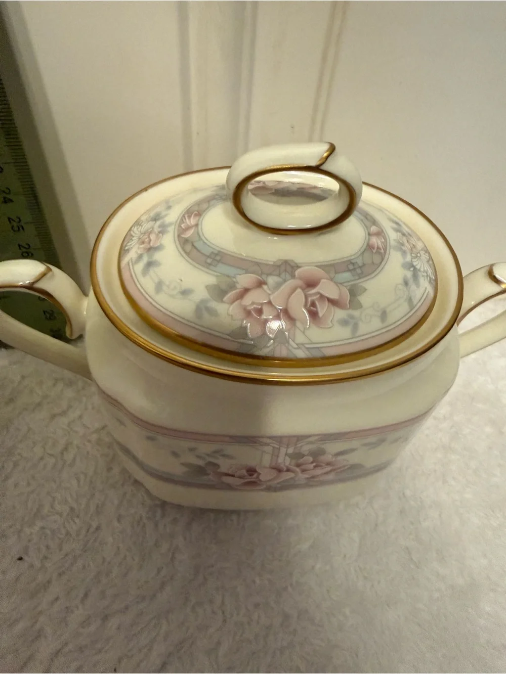 Porcelain Noritake Creamer and Sugar Set with Pink Floral Banding